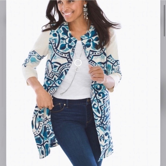 Chico’s Artisan Printed Linen Jacket blue, cream - Picture 3 of 16